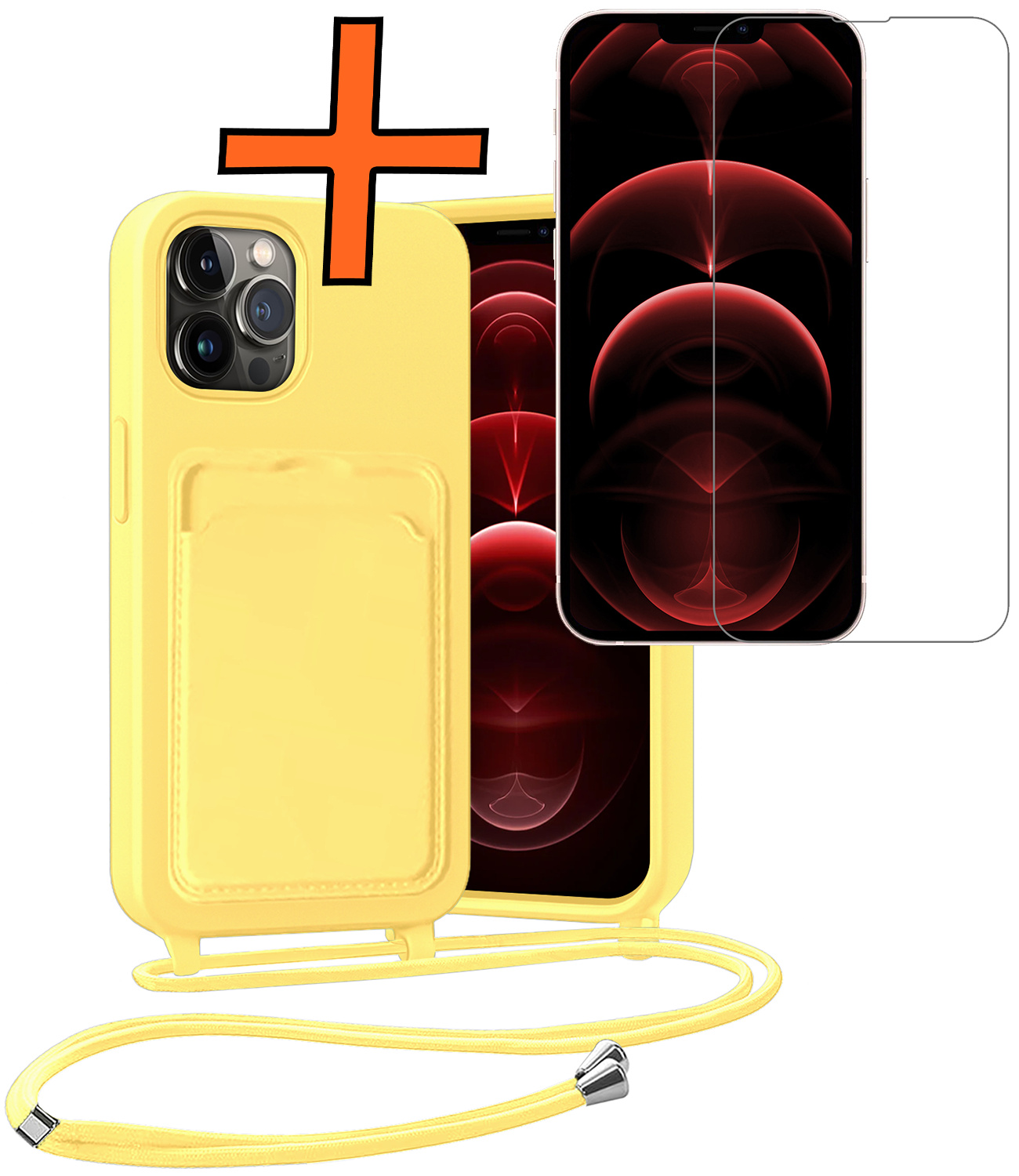 Nomfy Nomfy iPhone 13 Pro Max Hoesje Pashouder met Koord Met Screenprotector - Geel