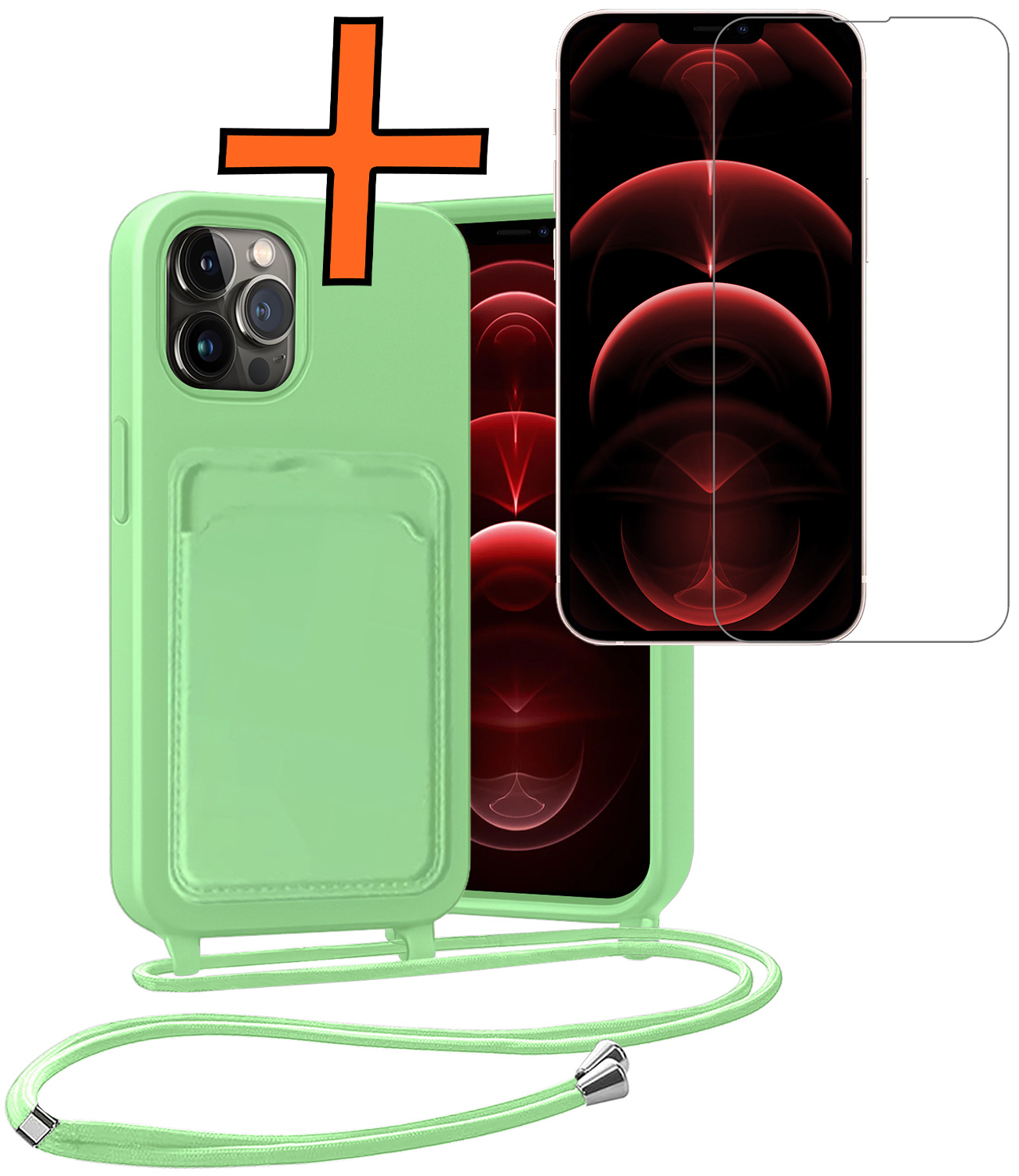Nomfy Nomfy iPhone 13 Pro Max Hoesje Pashouder met Koord Met Screenprotector - Groen