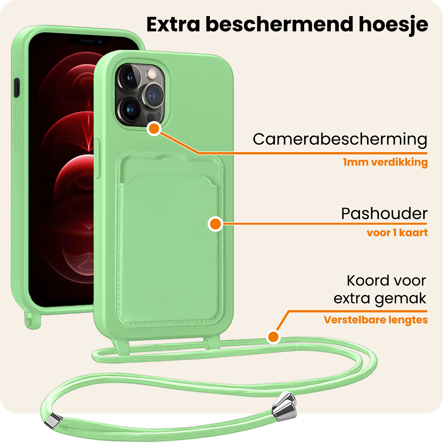 Nomfy Nomfy iPhone 13 Pro Max Hoesje Pashouder met Koord Met 2x Screenprotector - Groen