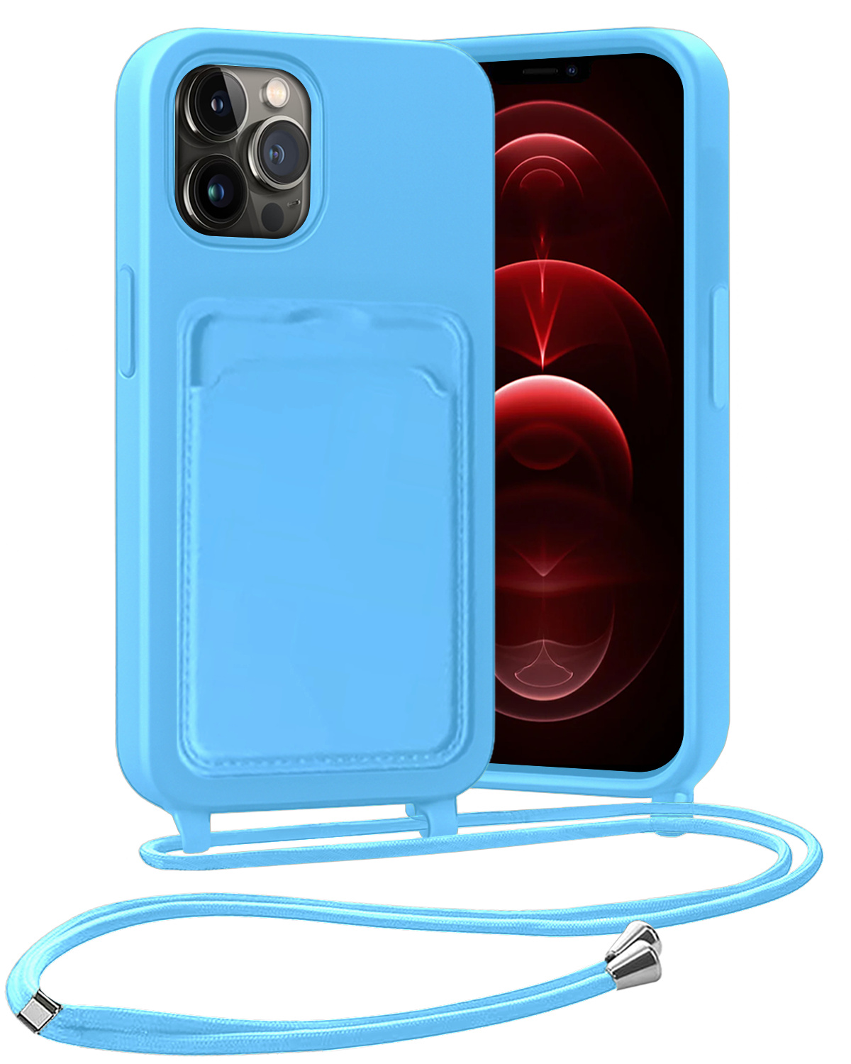 Nomfy Nomfy iPhone 13 Pro Max Hoesje Pashouder met Koord - Lichtblauw