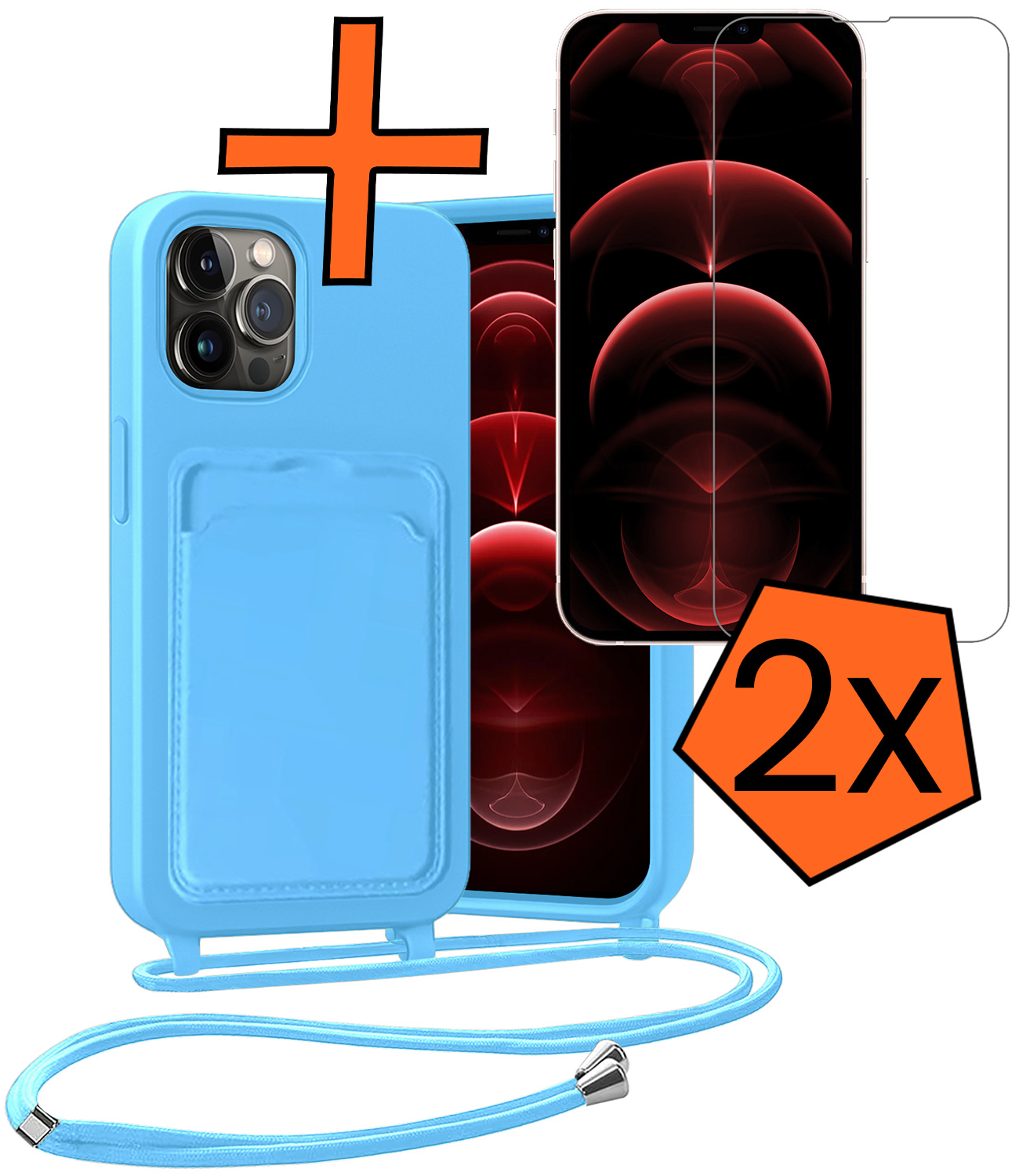 Nomfy Nomfy iPhone 13 Pro Max Hoesje Pashouder met Koord Met 2x Screenprotector - Lichtblauw