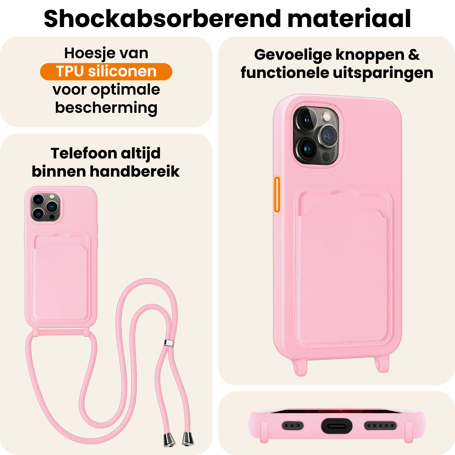 Nomfy Nomfy iPhone 13 Pro Max Hoesje Pashouder met Koord Met 2x Screenprotector - Lichtroze