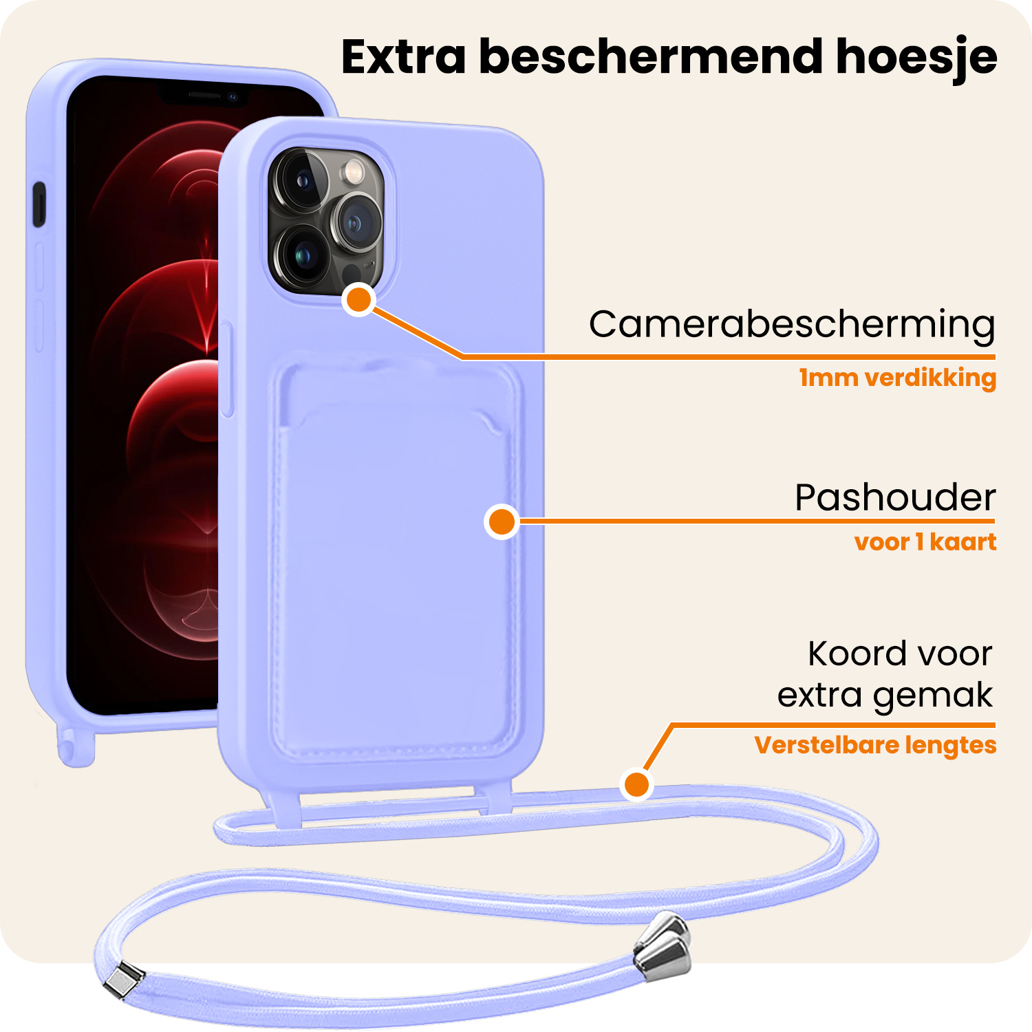 Nomfy Nomfy iPhone 13 Pro Max Hoesje Pashouder met Koord - Lila - 2 PACK