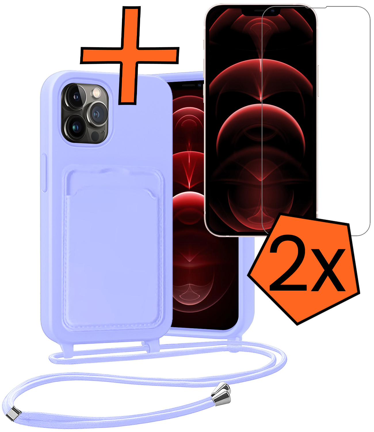 Nomfy Nomfy iPhone 13 Pro Max Hoesje Pashouder met Koord Met 2x Screenprotector - Lila