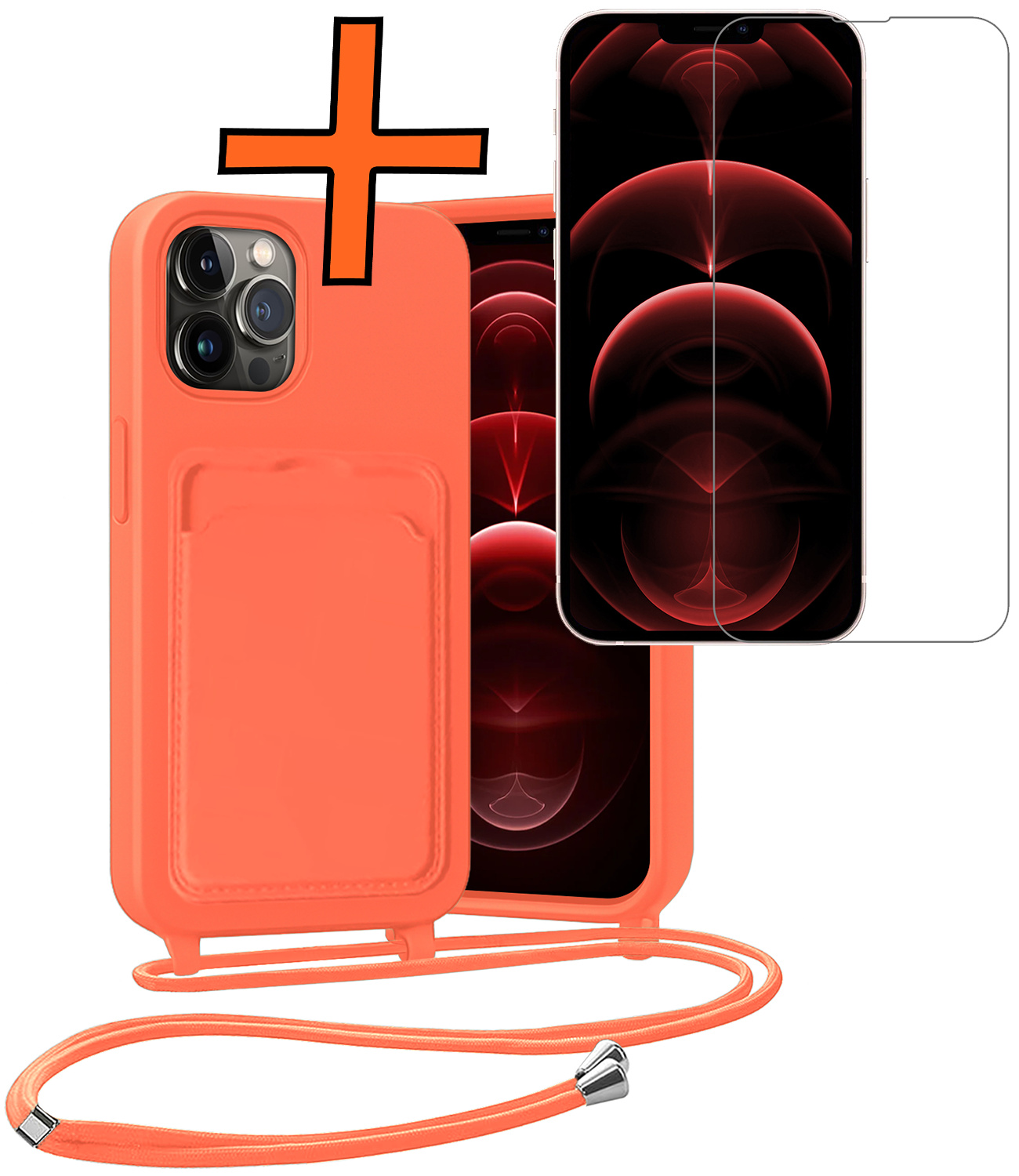Nomfy Nomfy iPhone 13 Pro Max Hoesje Pashouder met Koord Met Screenprotector - Papaya