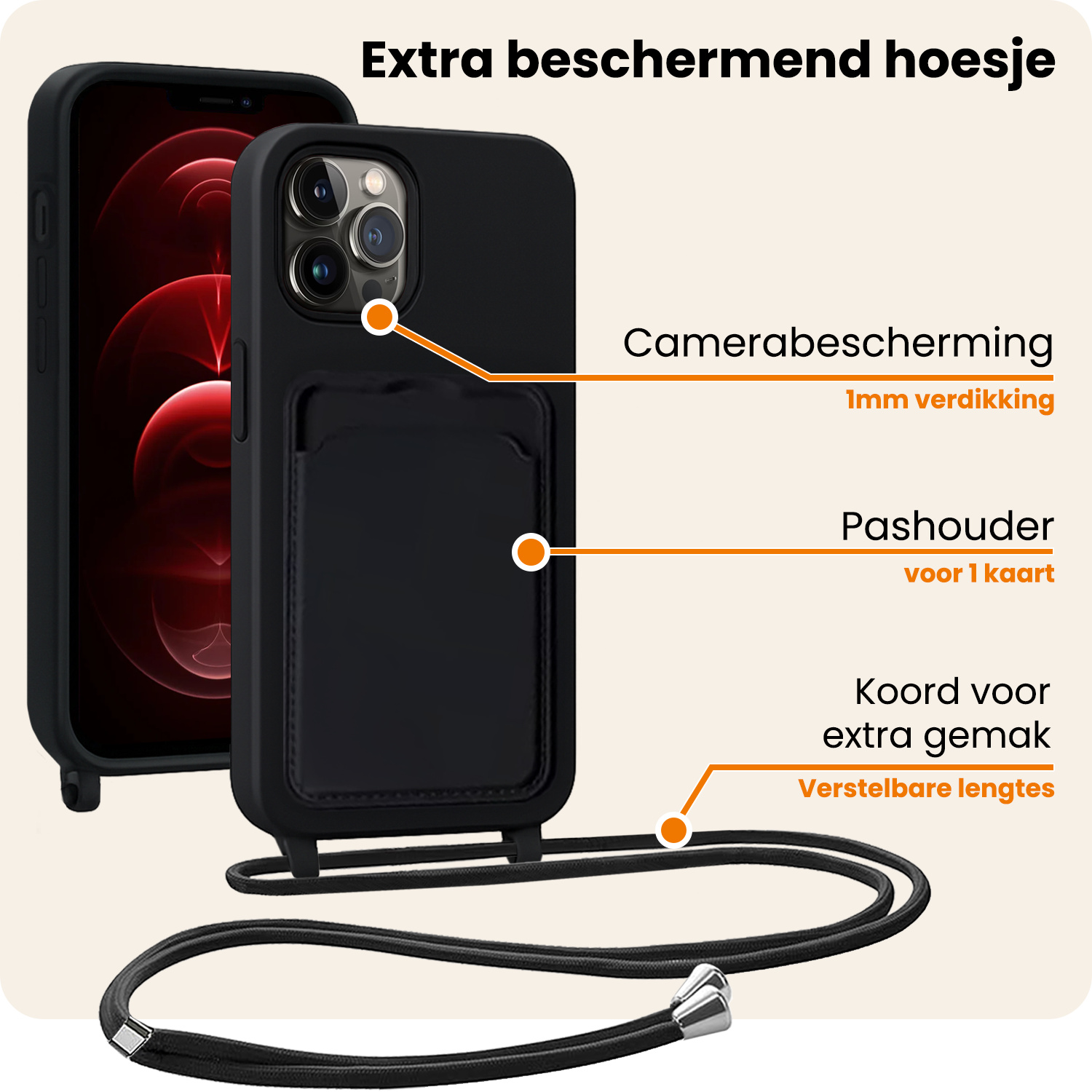 Nomfy Nomfy iPhone 13 Pro Max Hoesje Pashouder met Koord - Zwart