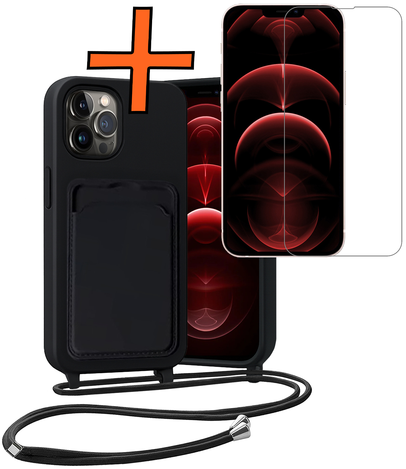 Nomfy Nomfy iPhone 13 Pro Max Hoesje Pashouder met Koord Met Screenprotector - Zwart