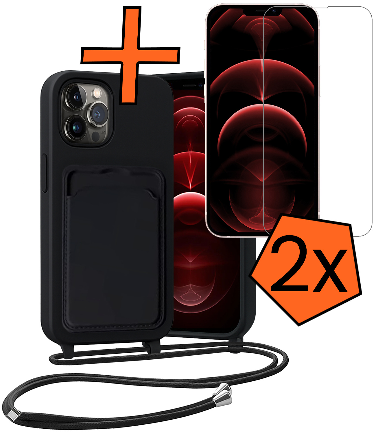 Nomfy Nomfy iPhone 13 Pro Max Hoesje Pashouder met Koord Met 2x Screenprotector - Zwart