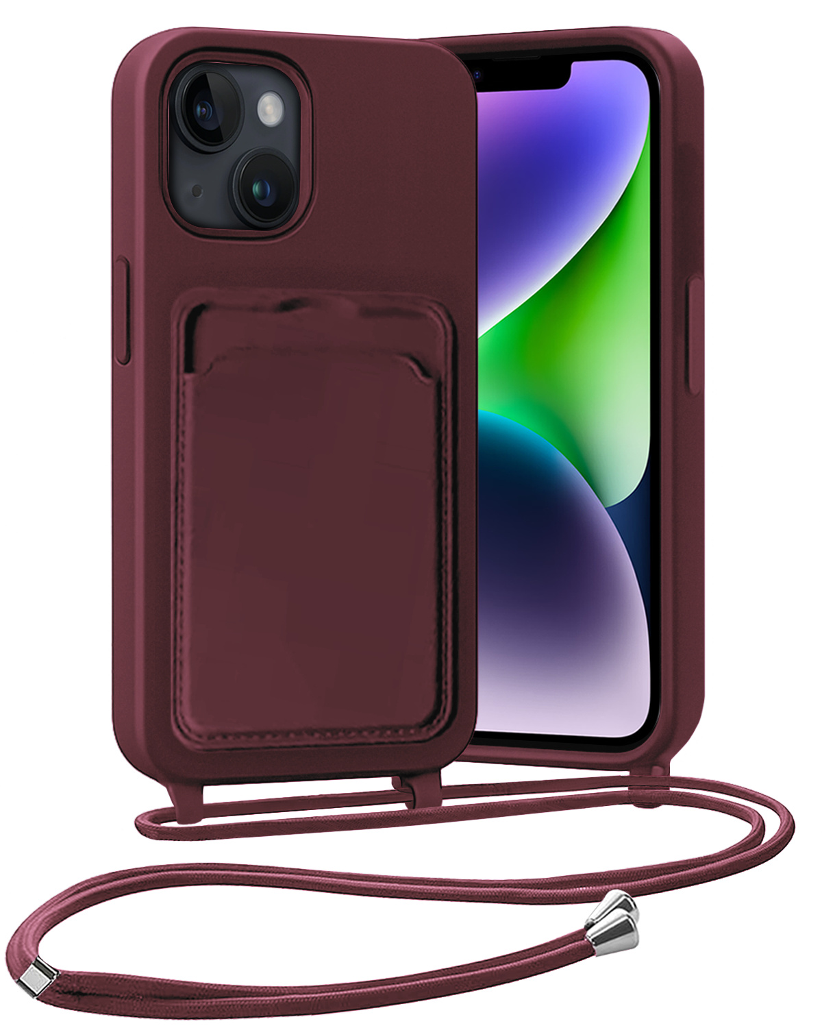 Nomfy Nomfy iPhone 14 Plus Hoesje Pashouder met Koord - Aubergine