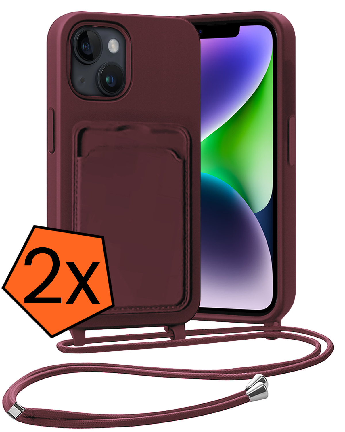 Nomfy Nomfy iPhone 14 Plus Hoesje Pashouder met Koord - Aubergine - 2 PACK