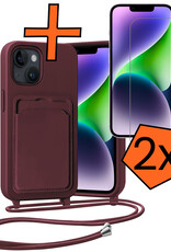 Nomfy Nomfy iPhone 14 Plus Hoesje Pashouder met Koord Met 2x Screenprotector - Aubergine
