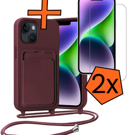 Nomfy Nomfy iPhone 14 Plus Hoesje Pashouder met Koord Met 2x Screenprotector - Aubergine