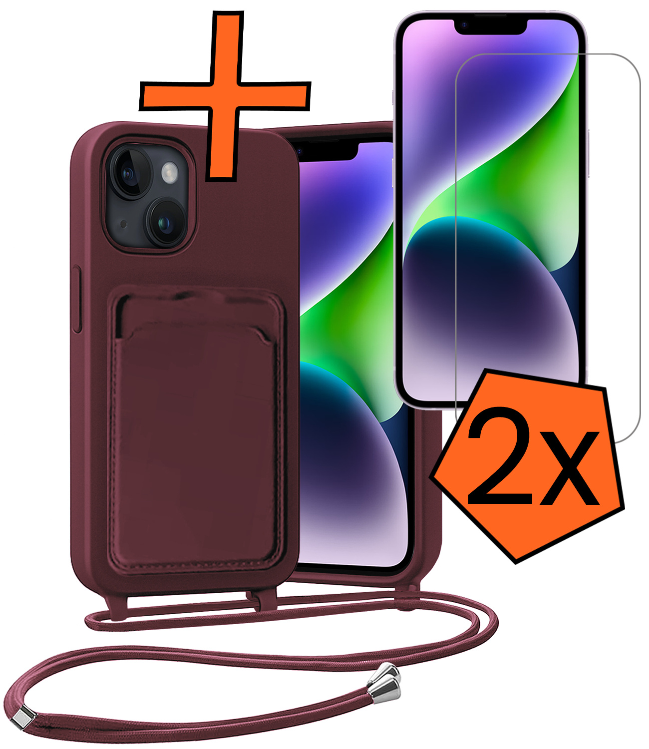 Nomfy Nomfy iPhone 14 Plus Hoesje Pashouder met Koord Met 2x Screenprotector - Aubergine