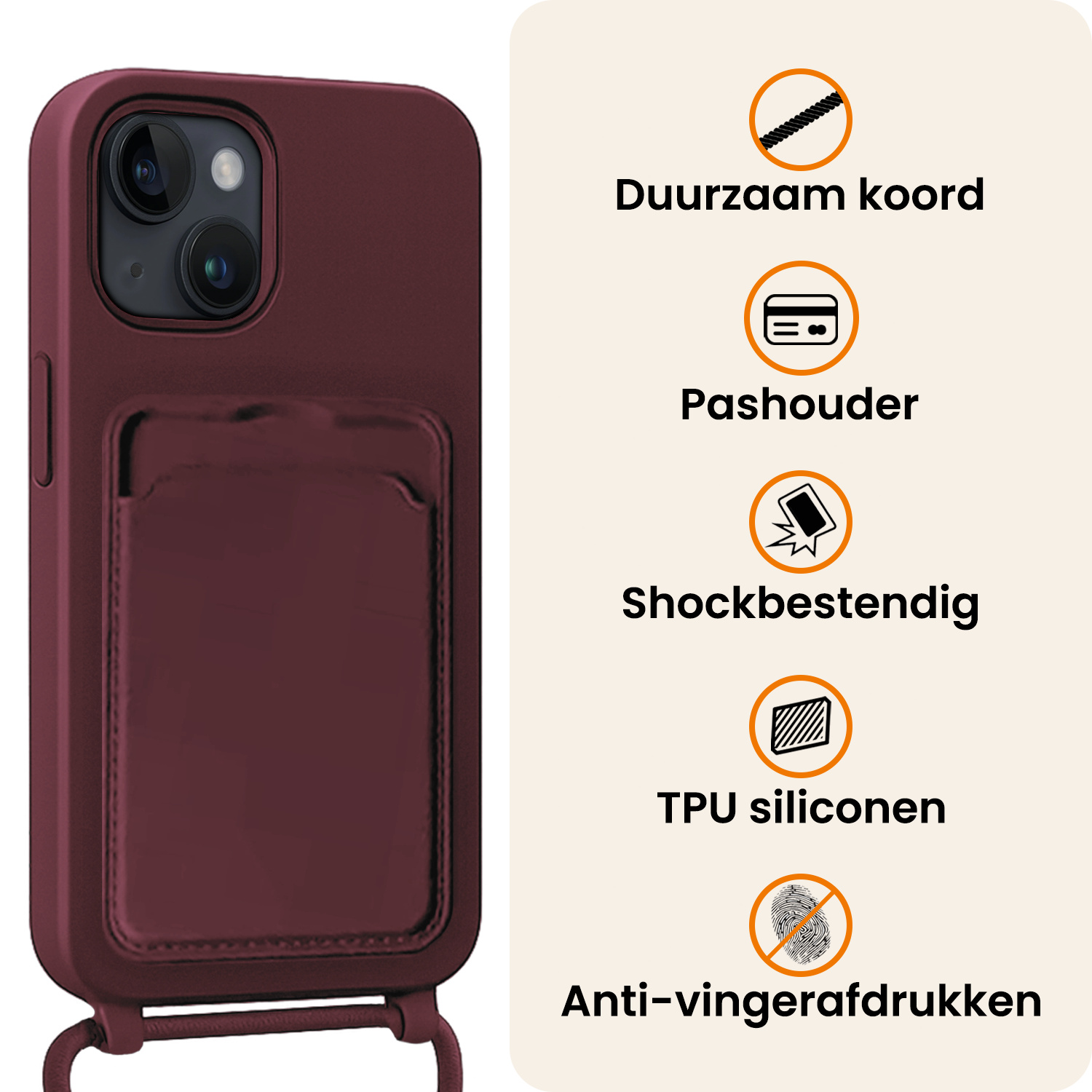 Nomfy Nomfy iPhone 14 Plus Hoesje Pashouder met Koord Met 2x Screenprotector - Aubergine