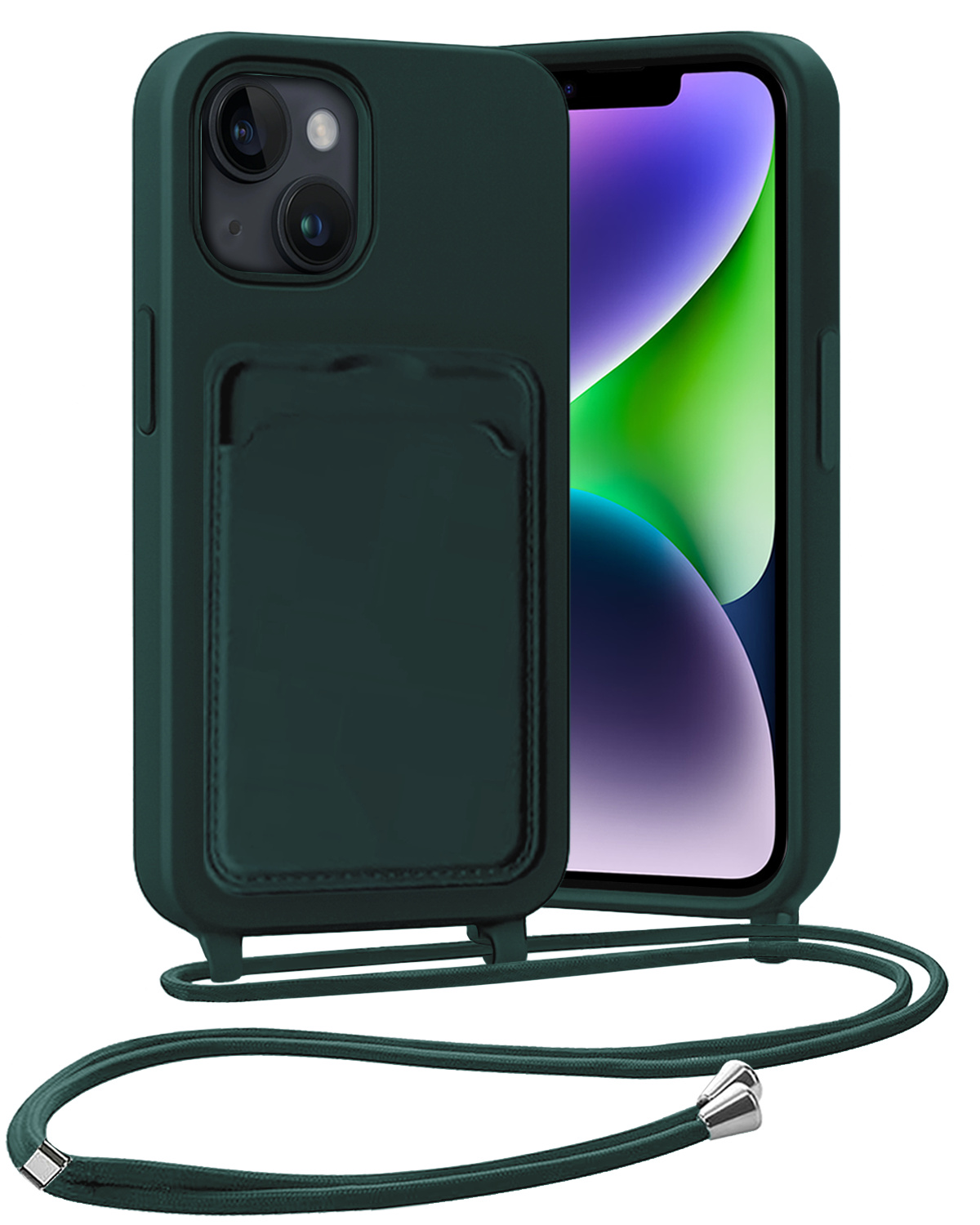 Nomfy Nomfy iPhone 14 Plus Hoesje Pashouder met Koord - Donkergroen