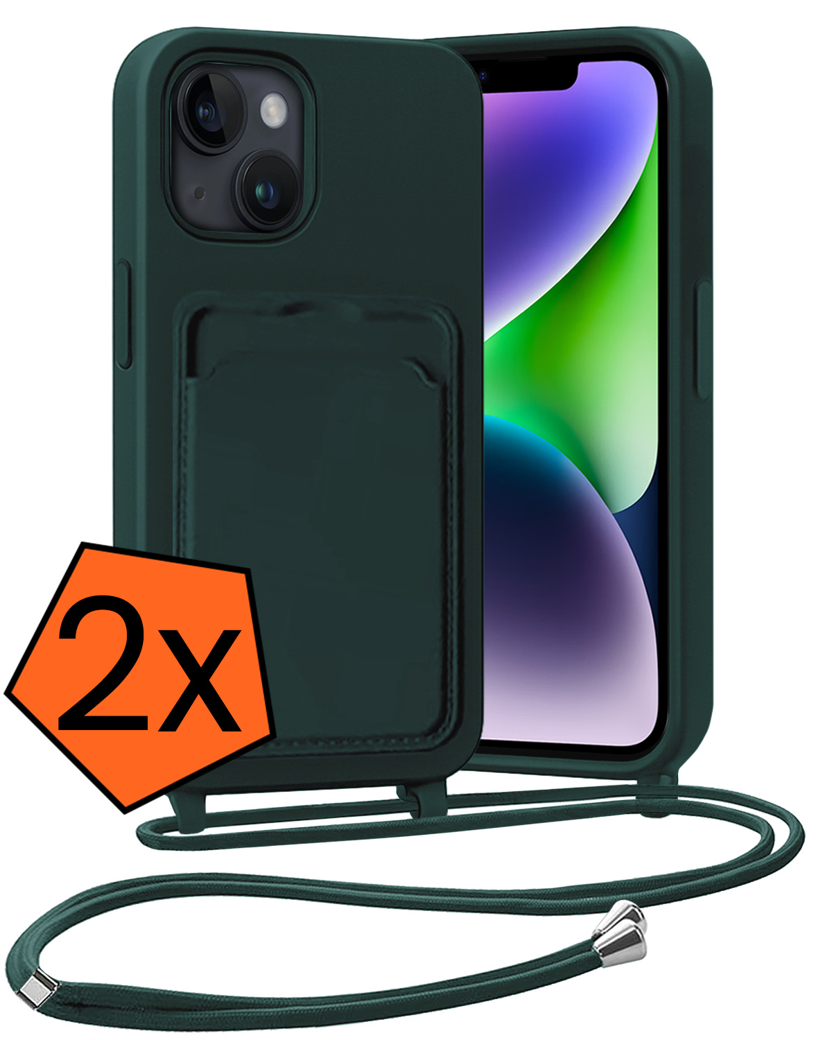 Nomfy Nomfy iPhone 14 Plus Hoesje Pashouder met Koord - Donkergroen - 2 PACK