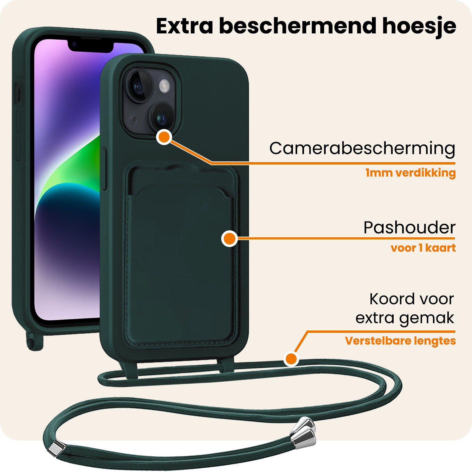 Nomfy Nomfy iPhone 14 Plus Hoesje Pashouder met Koord - Donkergroen - 2 PACK