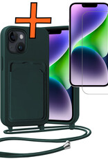 Nomfy Nomfy iPhone 14 Plus Hoesje Pashouder met Koord Met Screenprotector - Donkergroen