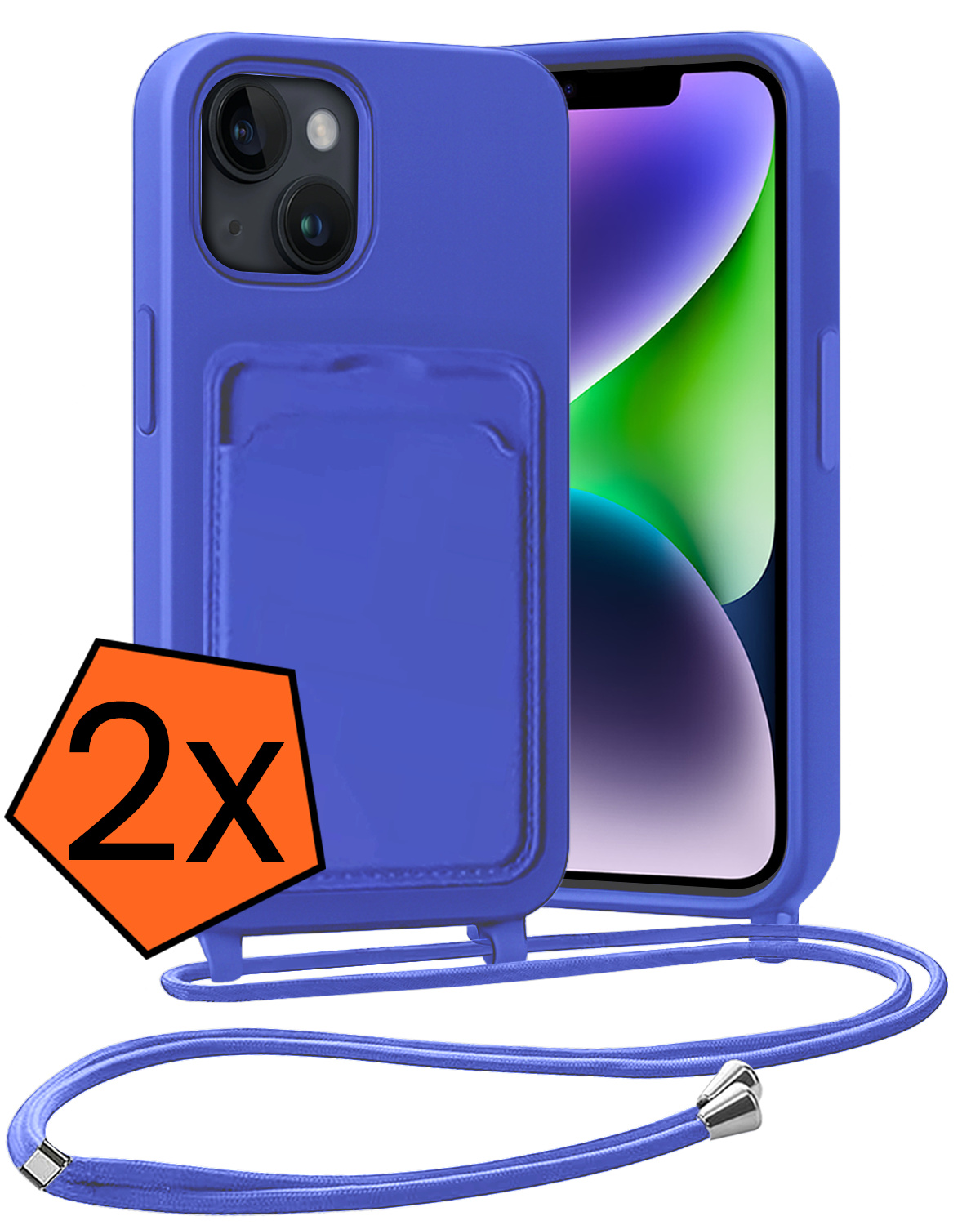 Nomfy Nomfy iPhone 14 Plus Hoesje Pashouder met Koord - Fel Blauw - 2 PACK