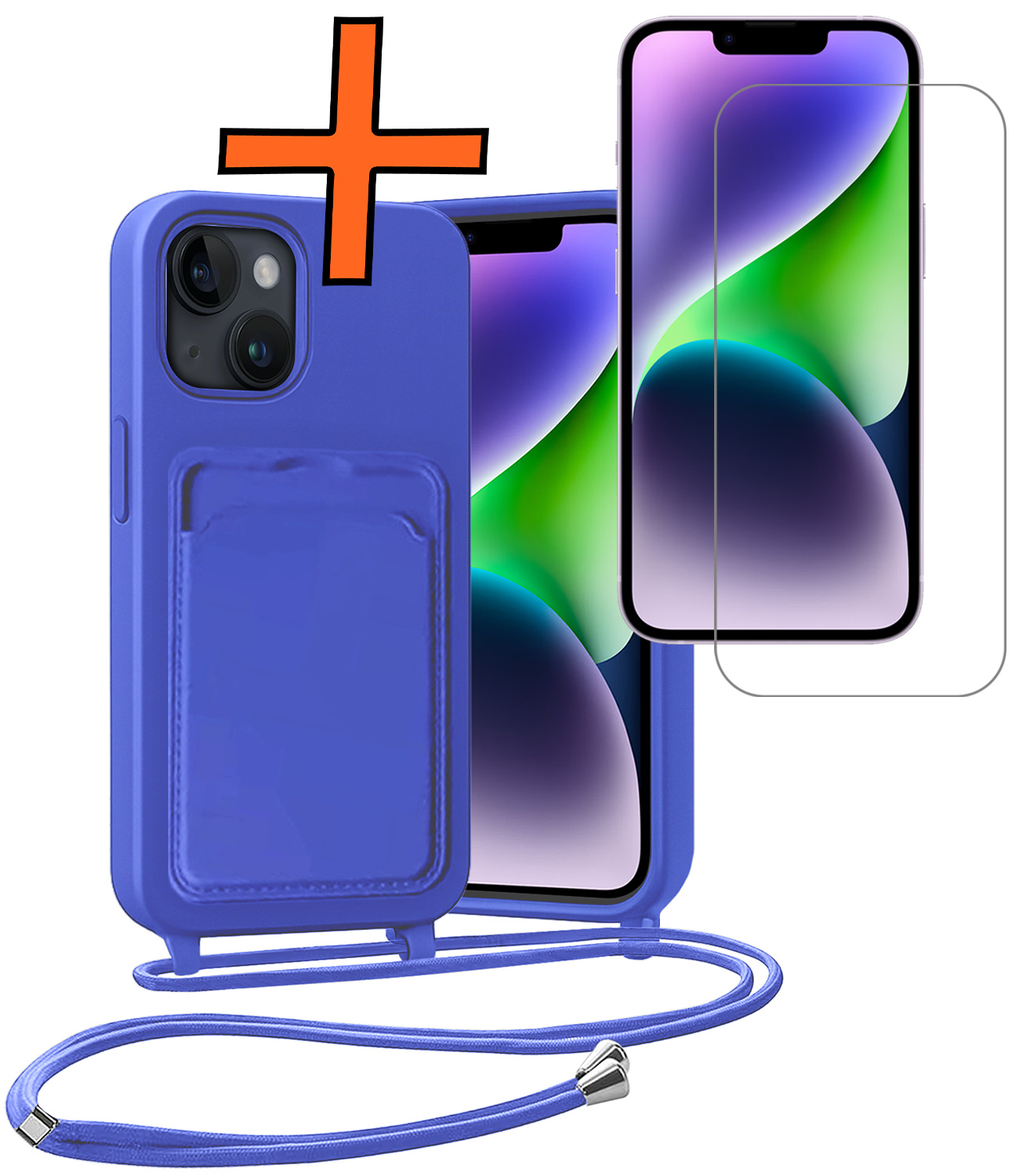 Nomfy Nomfy iPhone 14 Plus Hoesje Pashouder met Koord Met Screenprotector - Fel Blauw