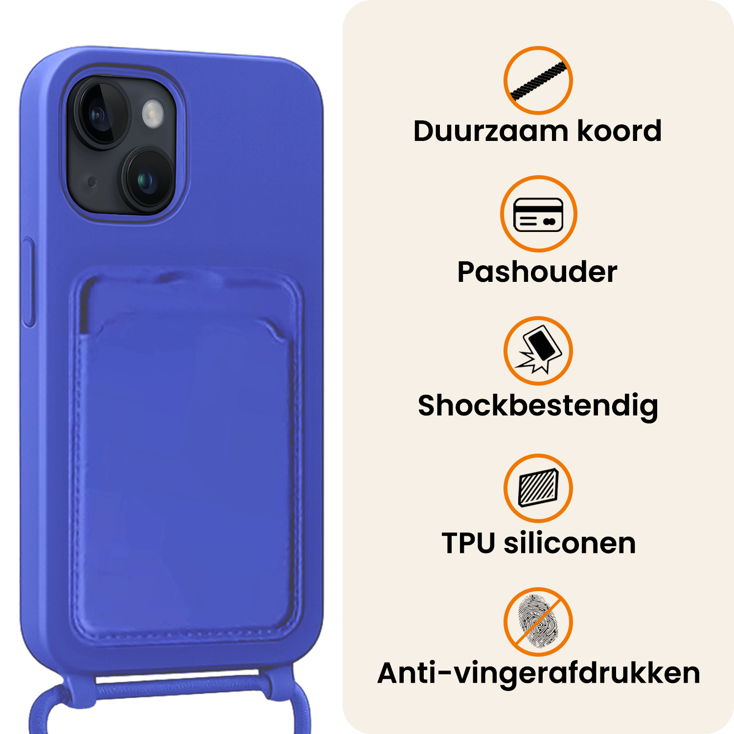 Nomfy Nomfy iPhone 14 Plus Hoesje Pashouder met Koord Met Screenprotector - Fel Blauw