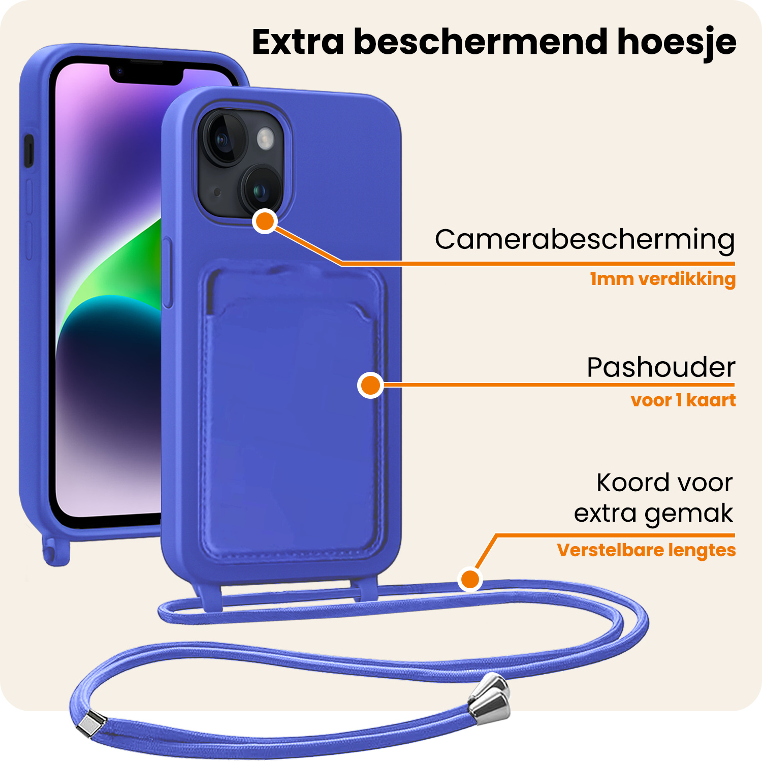 Nomfy Nomfy iPhone 14 Plus Hoesje Pashouder met Koord Met Screenprotector - Fel Blauw