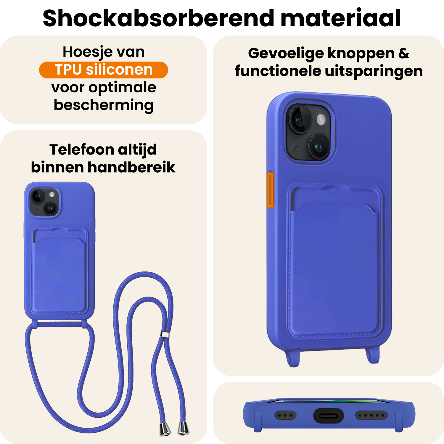 Nomfy Nomfy iPhone 14 Plus Hoesje Pashouder met Koord Met Screenprotector - Fel Blauw
