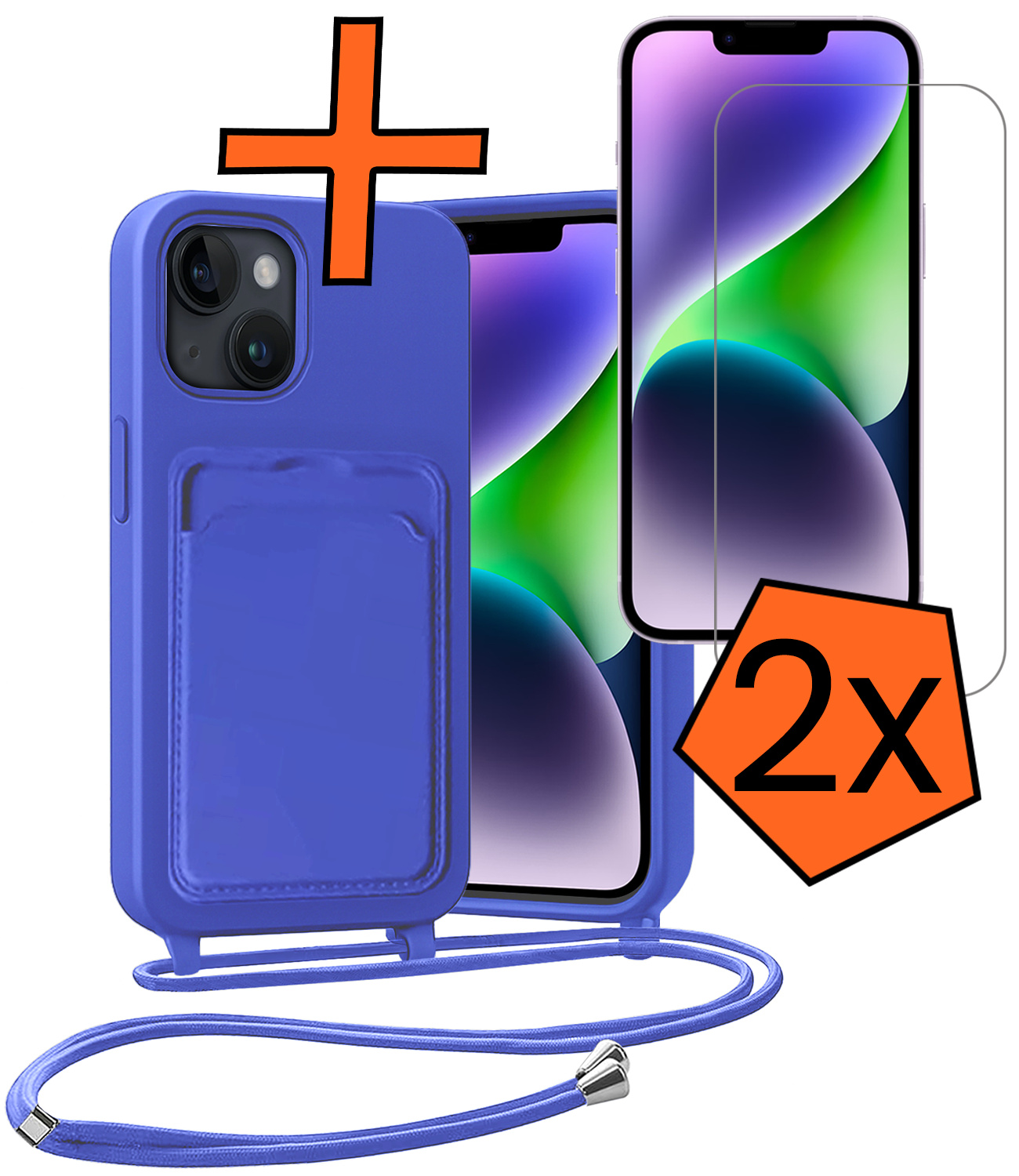Nomfy Nomfy iPhone 14 Plus Hoesje Pashouder met Koord Met 2x Screenprotector - Fel Blauw