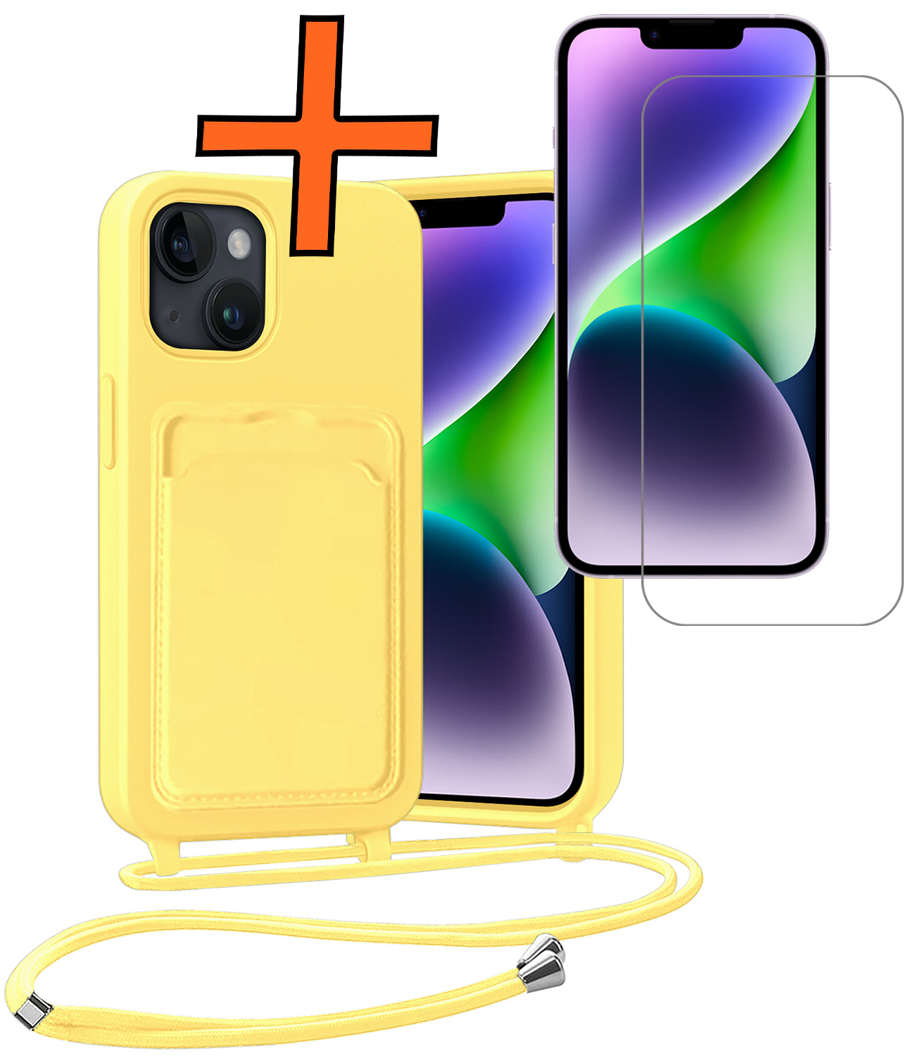 Nomfy Nomfy iPhone 14 Plus Hoesje Pashouder met Koord Met Screenprotector - Geel