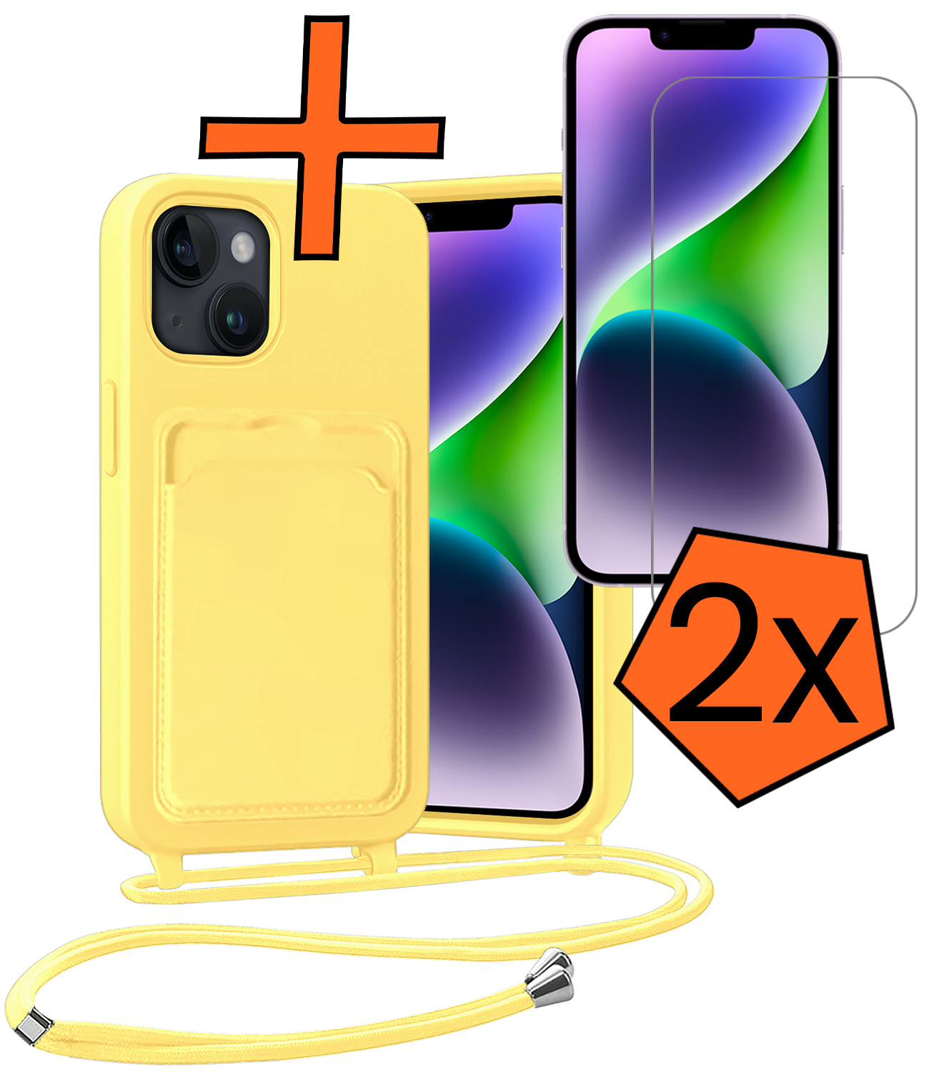 Nomfy Nomfy iPhone 14 Plus Hoesje Pashouder met Koord Met 2x Screenprotector - Geel
