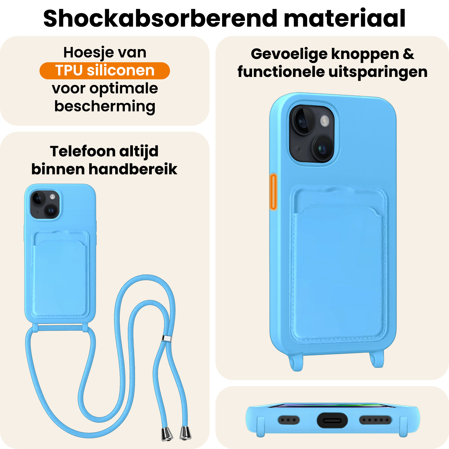 Nomfy Nomfy iPhone 14 Plus Hoesje Pashouder met Koord - Lichtblauw - 2 PACK