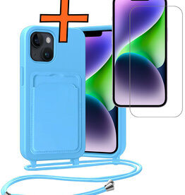 Nomfy Nomfy iPhone 14 Plus Hoesje Pashouder met Koord Met Screenprotector - Lichtblauw