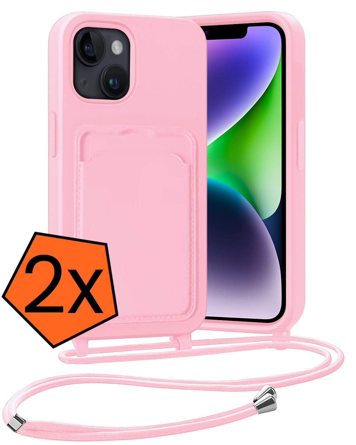 Nomfy Nomfy iPhone 14 Plus Hoesje Pashouder met Koord - Lichtroze - 2 PACK