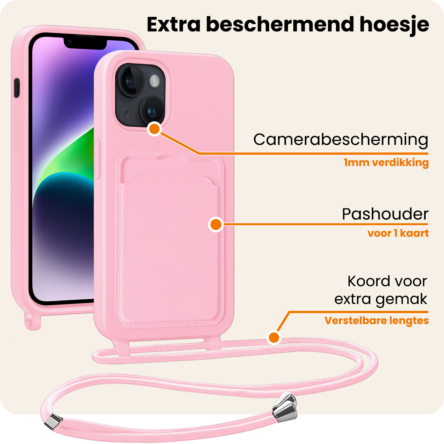 Nomfy Nomfy iPhone 14 Plus Hoesje Pashouder met Koord - Lichtroze - 2 PACK