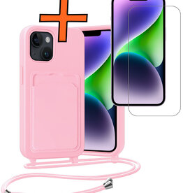 Nomfy Nomfy iPhone 14 Plus Hoesje Pashouder met Koord Met Screenprotector - Lichtroze