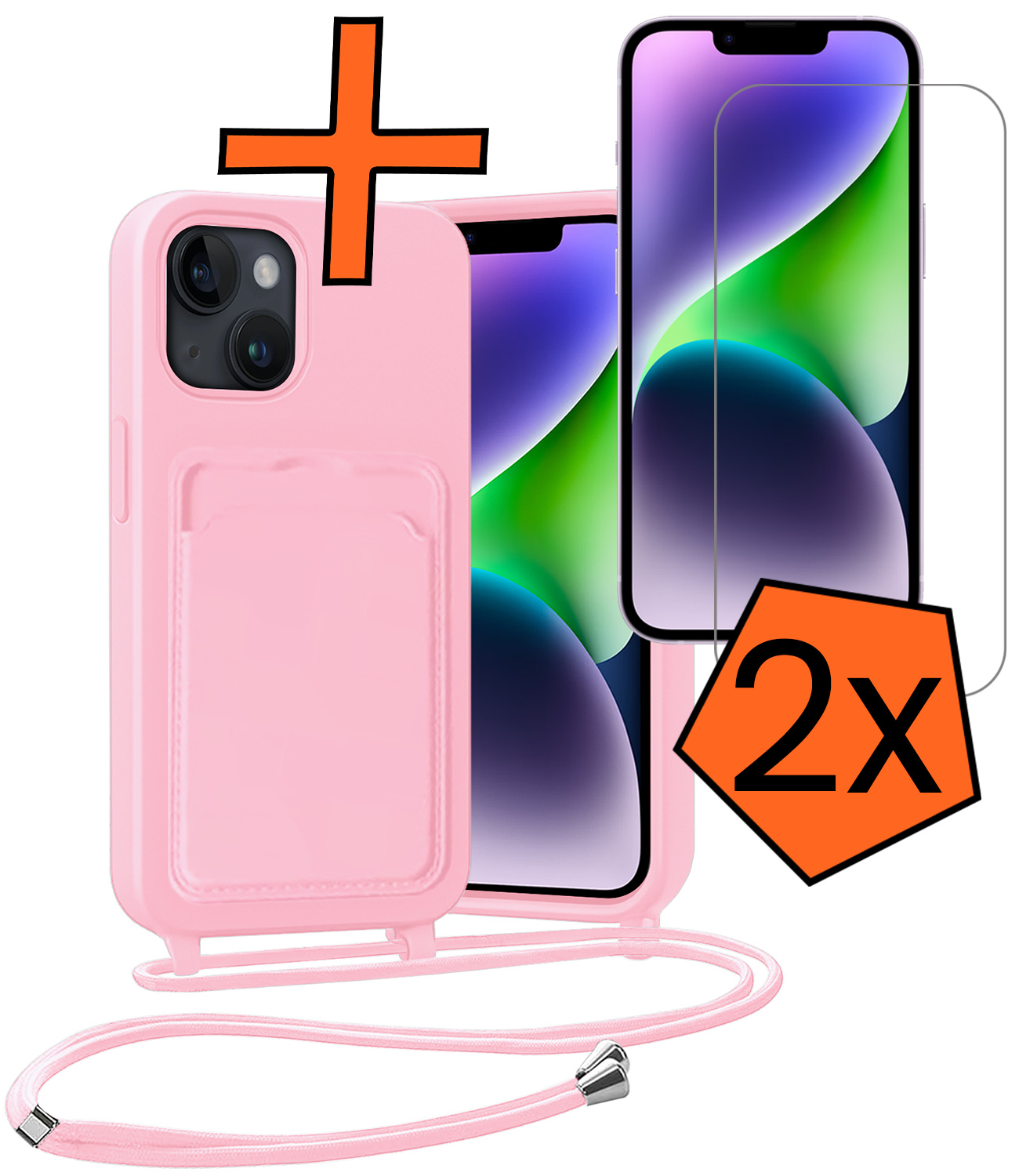 Nomfy Nomfy iPhone 14 Plus Hoesje Pashouder met Koord Met 2x Screenprotector - Lichtroze