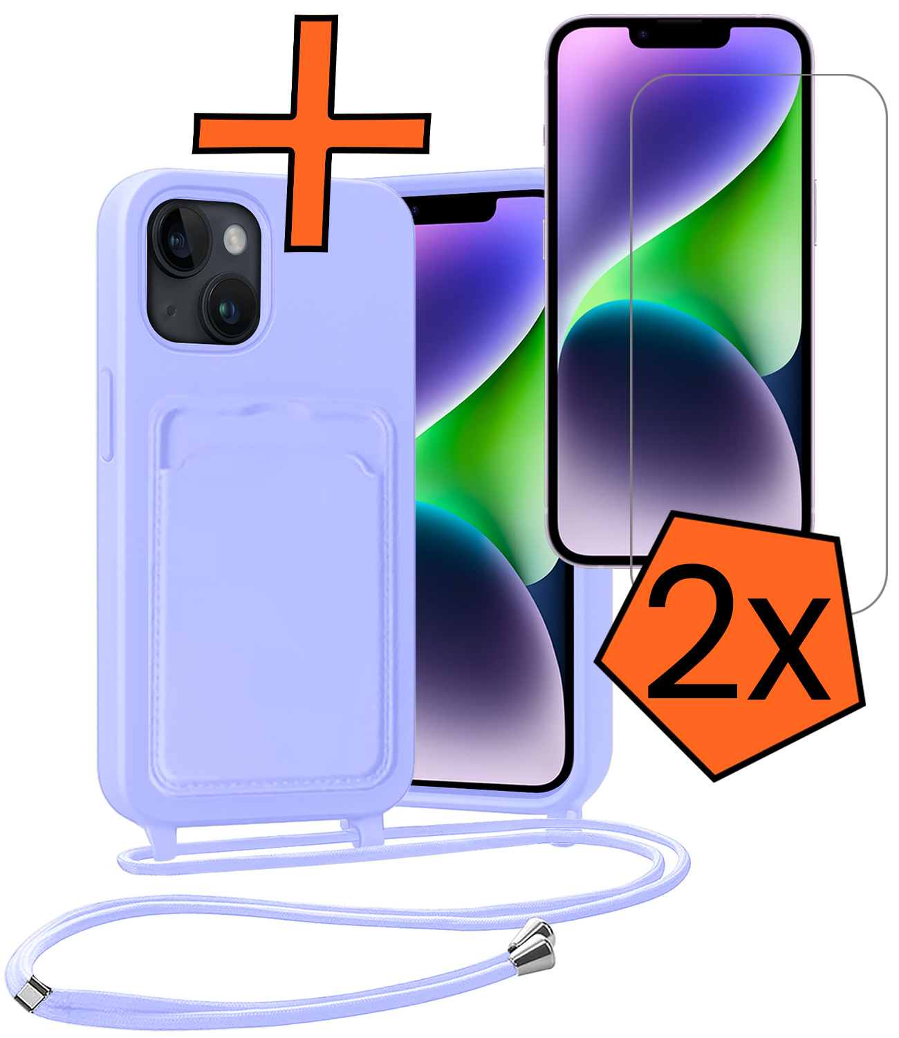 Nomfy Nomfy iPhone 14 Plus Hoesje Pashouder met Koord Met 2x Screenprotector - Lila