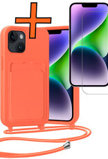 Nomfy Nomfy iPhone 14 Plus Hoesje Pashouder met Koord Met Screenprotector - Papaya