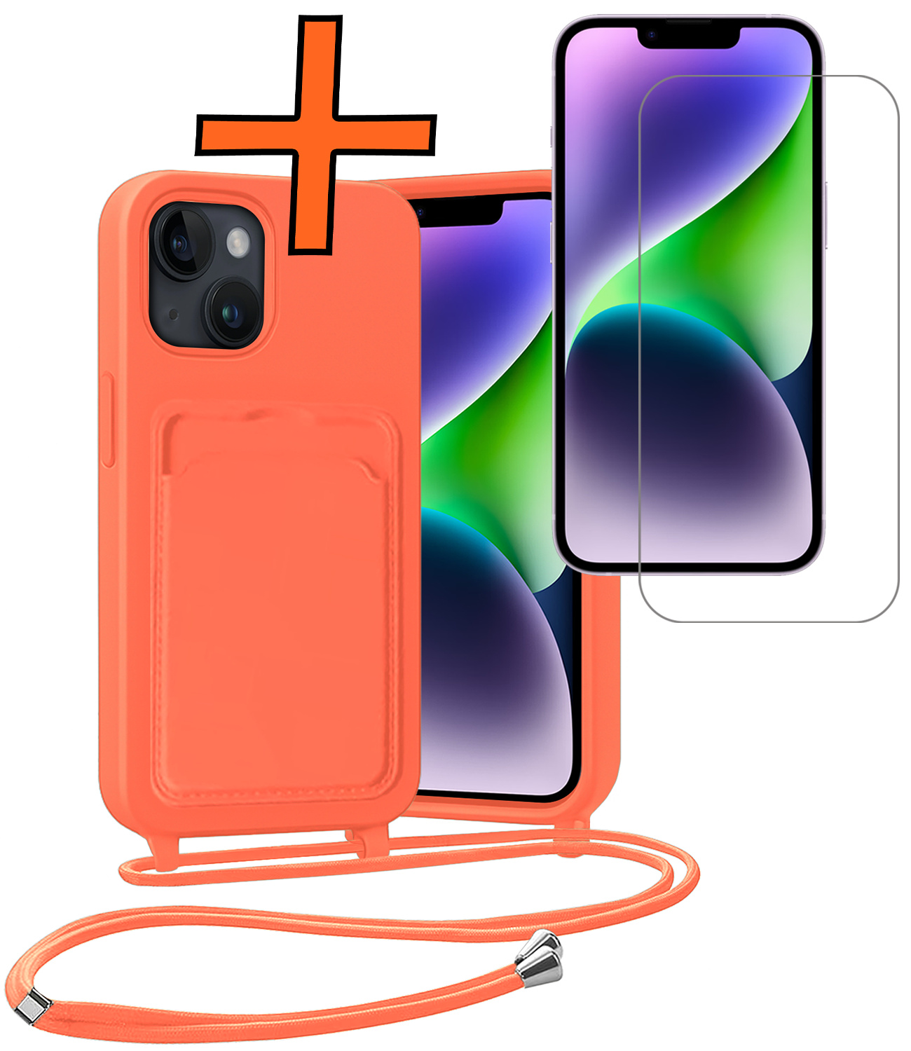 Nomfy Nomfy iPhone 14 Plus Hoesje Pashouder met Koord Met Screenprotector - Papaya