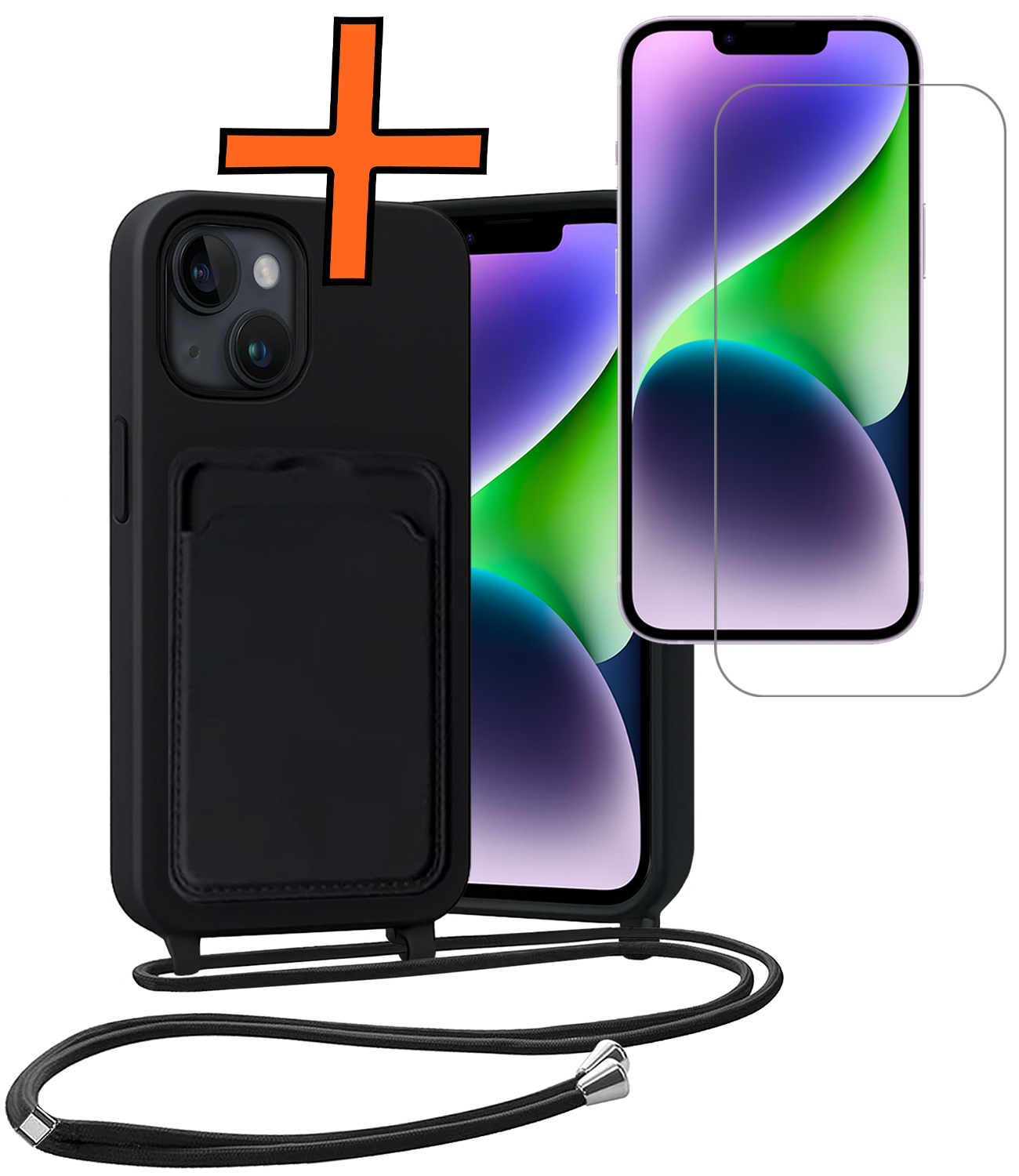 Nomfy Nomfy iPhone 14 Plus Hoesje Pashouder met Koord Met Screenprotector - Zwart