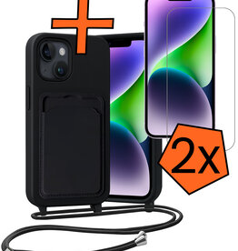 Nomfy Nomfy iPhone 14 Plus Hoesje Pashouder met Koord Met 2x Screenprotector - Zwart
