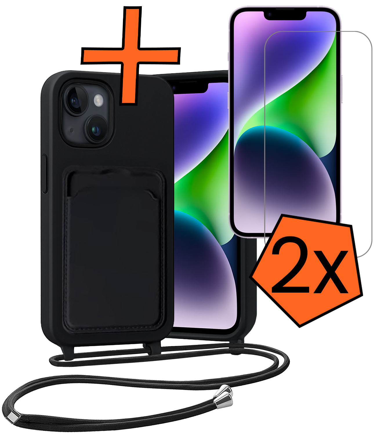 Nomfy Nomfy iPhone 14 Plus Hoesje Pashouder met Koord Met 2x Screenprotector - Zwart