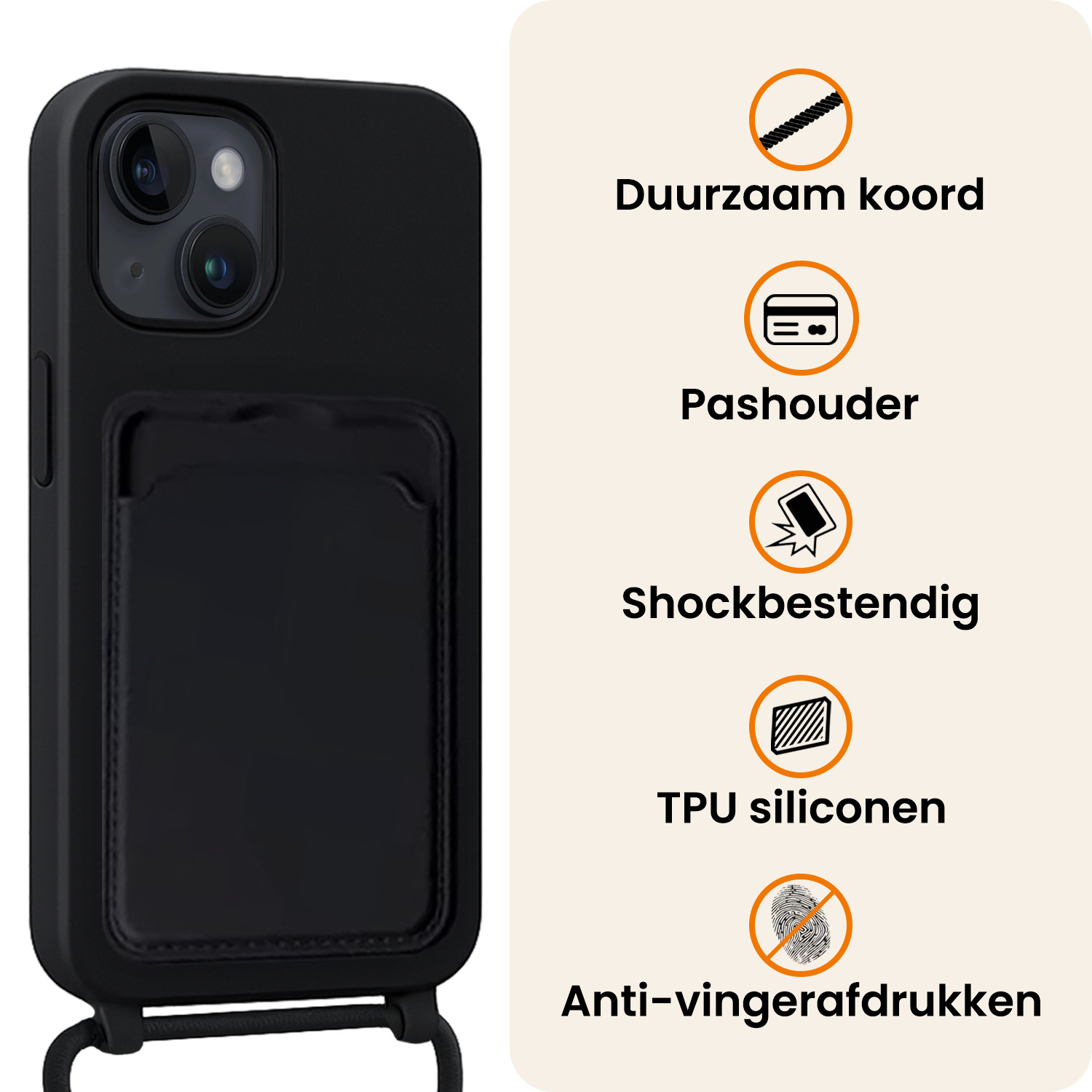 Nomfy Nomfy iPhone 14 Plus Hoesje Pashouder met Koord Met 2x Screenprotector - Zwart