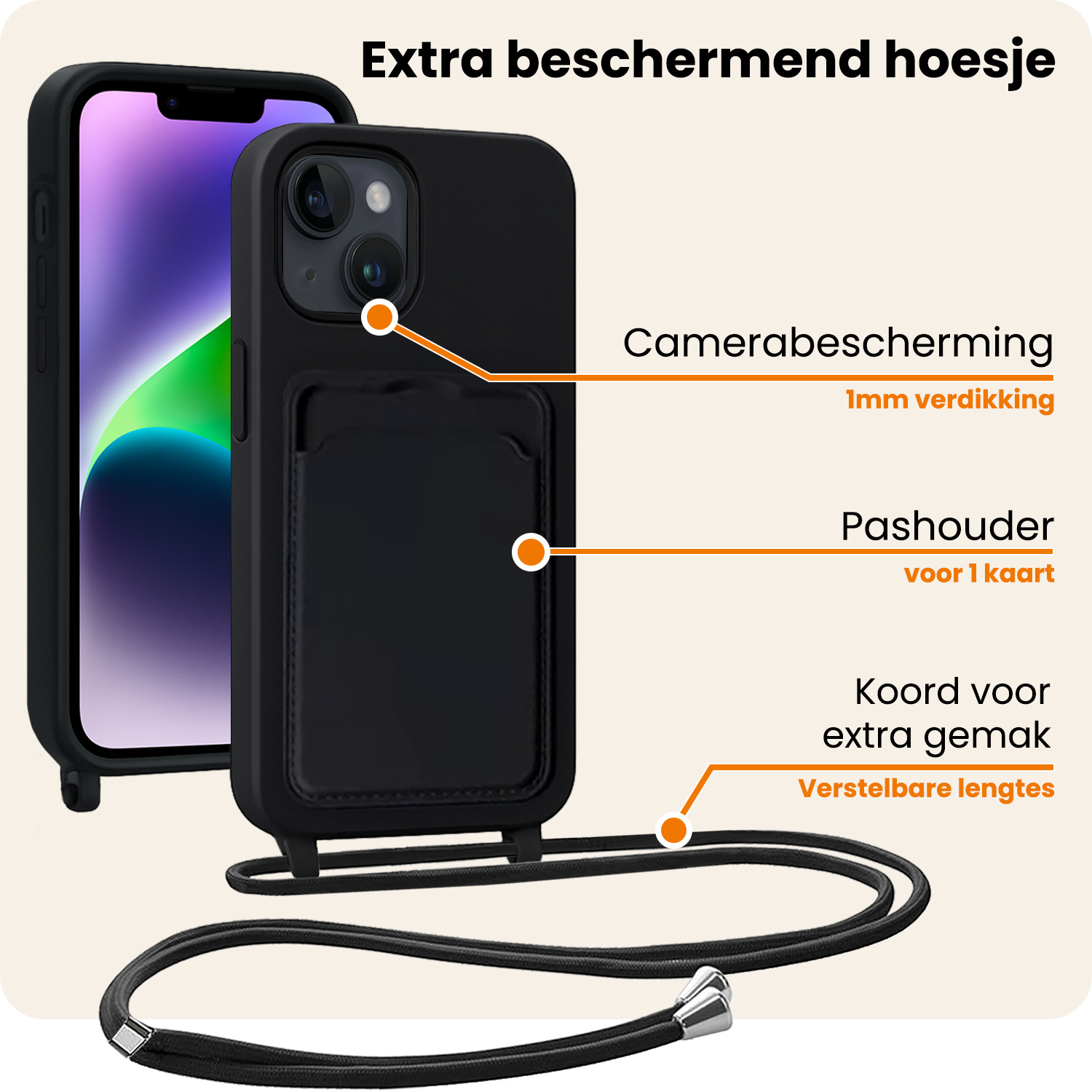 Nomfy Nomfy iPhone 14 Plus Hoesje Pashouder met Koord Met 2x Screenprotector - Zwart