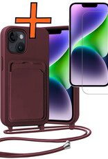 Nomfy Nomfy iPhone 14 Hoesje Pashouder met Koord Met Screenprotector - Aubergine