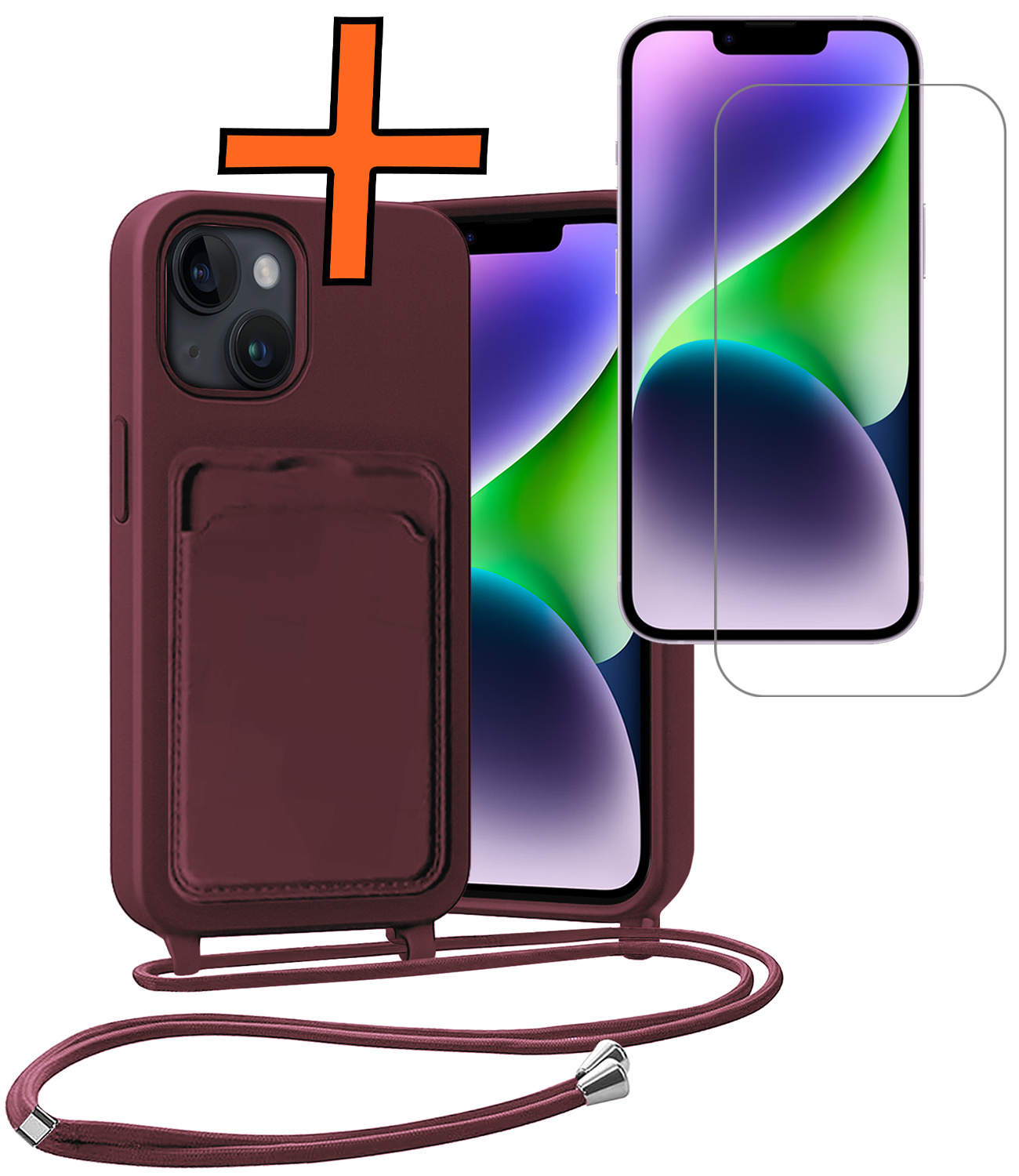 Nomfy Nomfy iPhone 14 Hoesje Pashouder met Koord Met Screenprotector - Aubergine