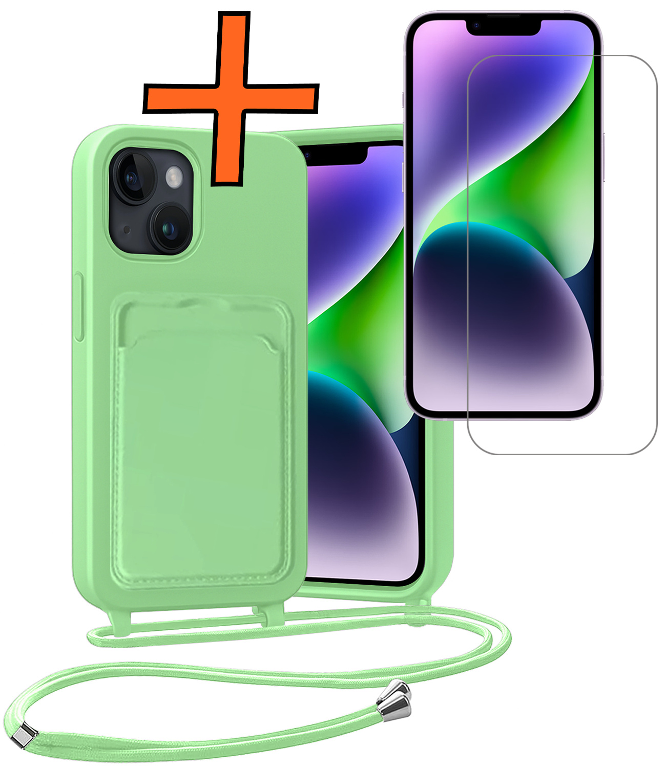 Nomfy Nomfy iPhone 14 Hoesje Pashouder met Koord Met Screenprotector - Groen