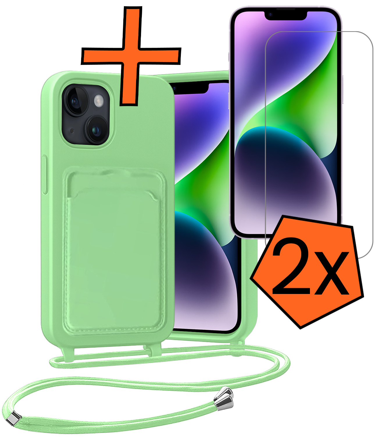 Nomfy Nomfy iPhone 14 Hoesje Pashouder met Koord Met 2x Screenprotector - Groen