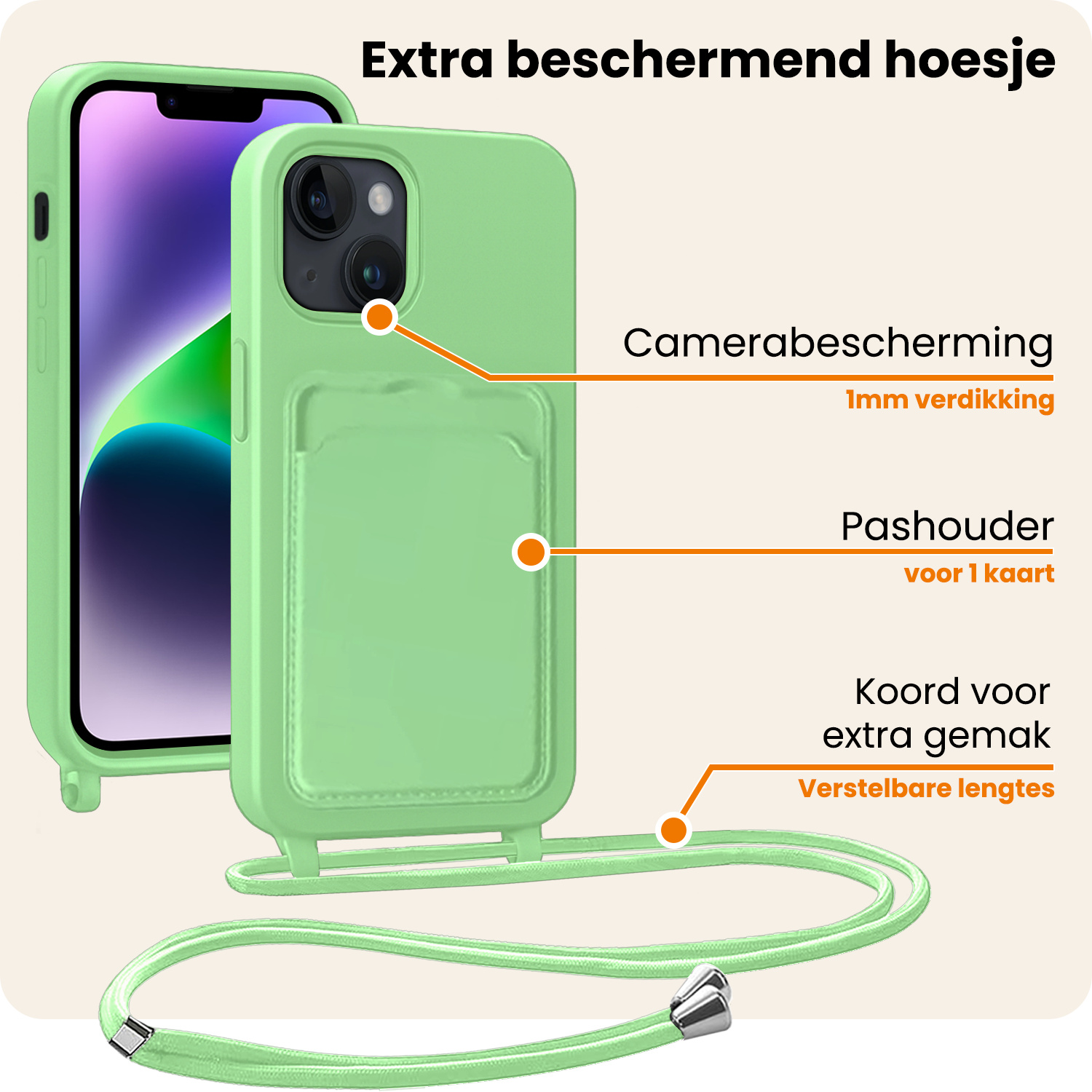 Nomfy Nomfy iPhone 14 Hoesje Pashouder met Koord Met 2x Screenprotector - Groen