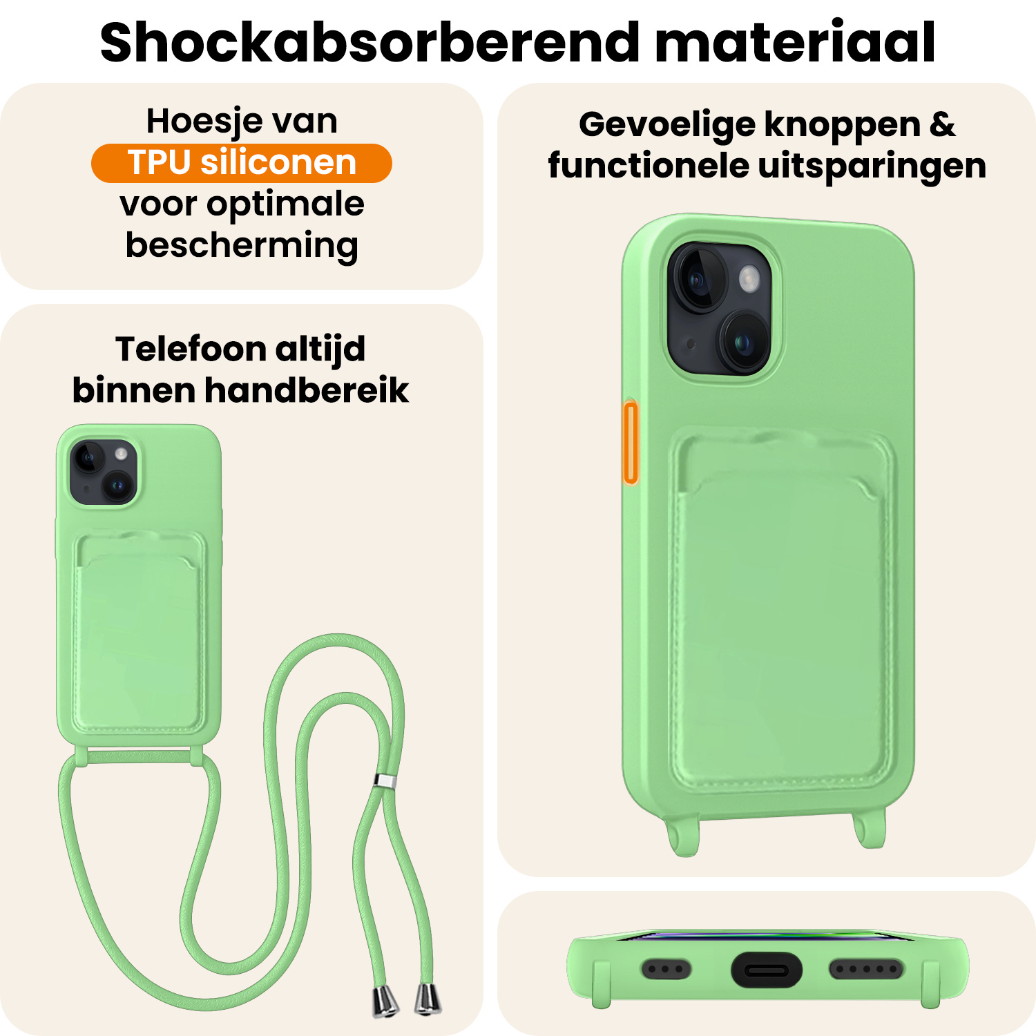 Nomfy Nomfy iPhone 14 Hoesje Pashouder met Koord Met 2x Screenprotector - Groen